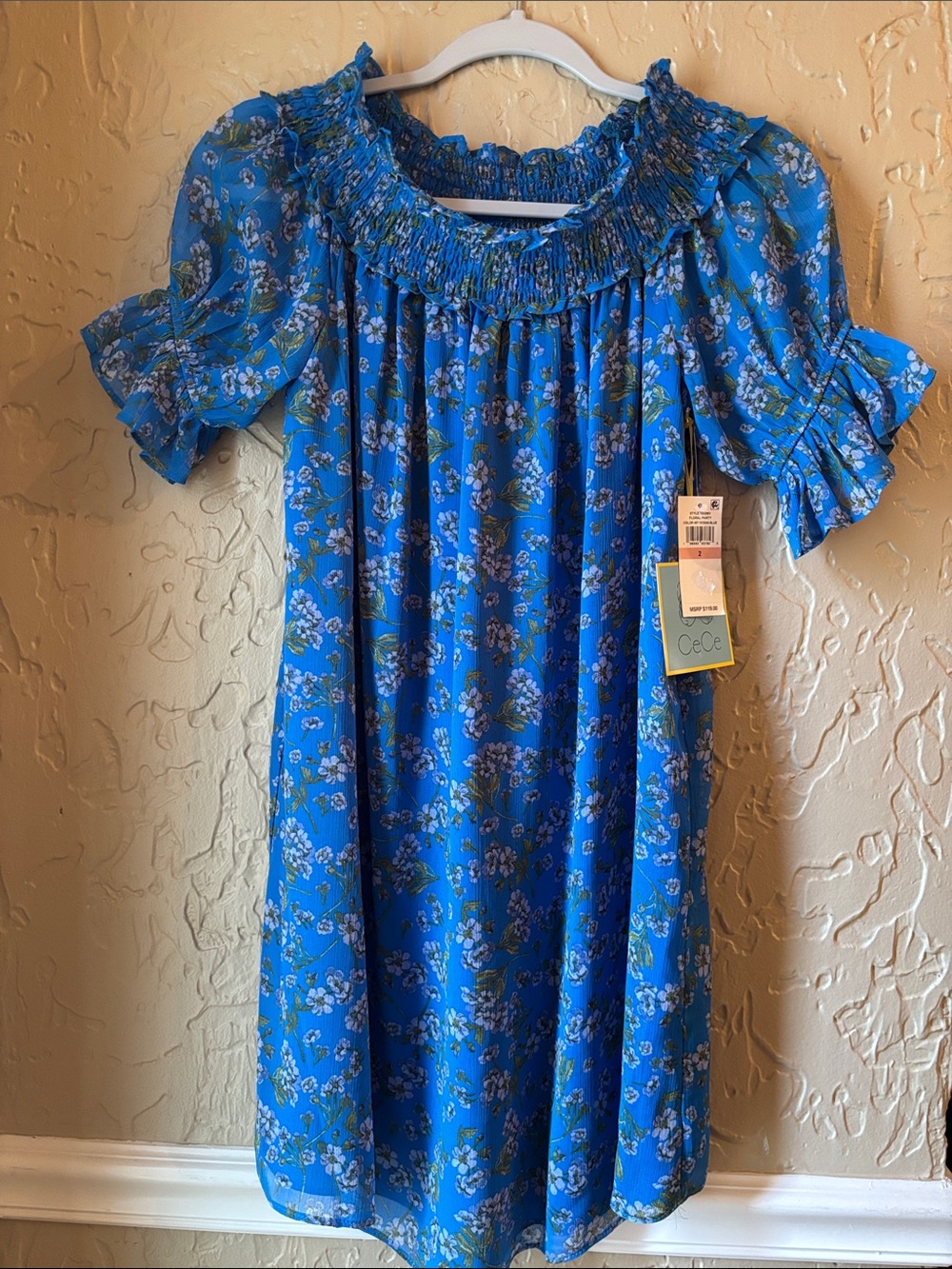 CeCe Royal Blue Floral Smocked Neck Dress